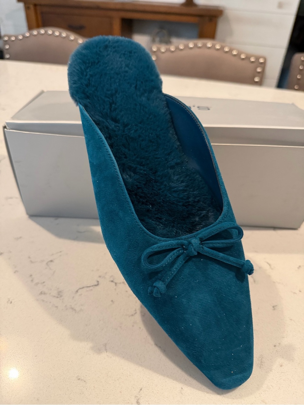 Chico's Teal Suede Bow Backless Mules - Picture 4 of 7